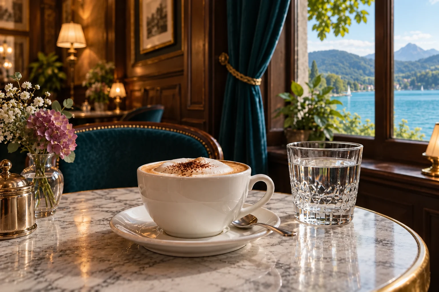 KI-generiertes Café-Motiv: Melange und Wasserglas auf einem Marmortisch, mit grünen Polstern und Seeblick durch das Fenster.